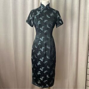 Reserve Ella Vintage Blue Metallic Satin Chinese Cheongsam Dress feather XSmall